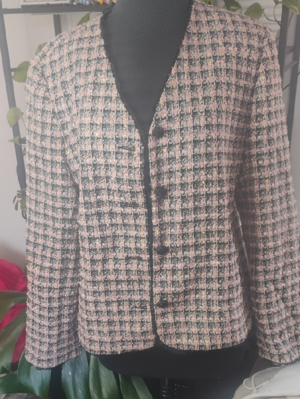 Koret Pink and Black Tweed Button-Front Blazer